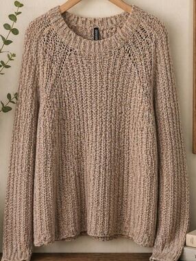 Chunky Knit Sweater Beige Oversized Cozy Slouchy Pullover Womens Neutral
